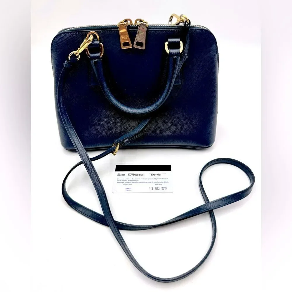 Auth Prada Small Baltic Blue Saffiano Lux Leather 2way Top Handle Promenade Bag